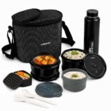 CELLO Munch Mate Lunch Box with Bag for Office Use Black | 375ml x 2 Microwave Safe Containers, 300ml + 175ml Plastic Containers, 800ml Water Bottle with Fork & Spoon, Airtight Tiffin Box for Travel