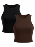 Toochki Tops for Women Crop Top for Women’s Tank Activewear Tee Sports Casual Work Out Wear Round Neck Cotton Camisole Pack of 2