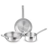 Bergner TriPro 3 Pcs Tri-Ply Stainless Steel Induction Bottom Cookware Set – 22cm (2L) Kadai and 22cm (1L) Frypan, 14cm (1.1L) Teapan, Less Oil Use, Easy to Clean – Induction and Gas Stove Ready