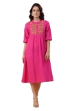 Janasya Women’s Pink Dobby Pure Cotton Yoke Embroidery A-Line Dress (JAA24DR00410-XS)