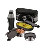CELLO Gemini Lunch Box with Insulated Water Bottle | Gift Set | 3 Containers + 1 600ml Insulated Bottle | Easy to Carry Jacket | Airtight & Leakproof | Ideal for School, Office & College | Black