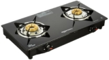 Amazon Basics 2 Burner LPG Gas Stove with Toughened Glass-top | ISI APPROVED | Tri-pin Brass Burners with spill-proof and easy-clean design | Anti-skid legs (Black)