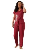 Clovia Women Cotton Printed Night Suit – Button-Down, Maroon, M