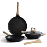 Lifelong 3 Piece Die-Cast Cookware Set With Common Lid & Wooden Spatula| 2.2L Kadhai with Lid 24cm |1.4L Fry Pan 24cm| 1.2L Tawa 28cm| Induction & Gas Compatible |Non-Riveted Handle |Non-Stick Coating