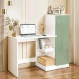 ABOUT SPACE Study Table with Cabinet – Computer Table with Bottom Storage Space DIY Engineered Wood Office Desk with Adjustable Shelves for PC Laptop Gaming (White, Green-L 124 x B 44 x H 121.5 cm)
