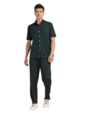 Thomas Scott Men’s Solid Polyester Relaxed Fit Shirt & Joggers Co-Ords Set with Short Sleeves & Spread Collar (TMSTCS001_BottleGreen_M)