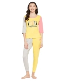 Clovia Women’s Cotton Quirky Quote Print Top & Jogger Set (LS0581P02_Yellow_L)