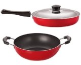 Nirlon 2 Pieces Rust Free Non-Stick Aluminium Kitchen Cooking Essential Combo Gift Set of Fry Pan-3.2 LTR & Kadhai-2 LTR