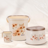 Nayasa Plastic Sqr DLX 3 Pcs Bathroom Set | Bucket 18 L + Mug 1.5 L + 508 DLX Stool | Bathroom Set | Bath Set for Bathroom | Off – White