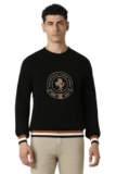 Van Heusen Men Black Embroidered Crew Neck Sweater