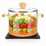 VAGHASIYA ENTERPRISE 1.5L Glass Simmer Pots for Cooking on Stove Glass Boiling Pot Small Heat-Resistant Clear Saucepan with Lid for Pasta Soup, Baby Food, and Salad(with Wooden Stand)