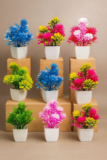 Zupito Combo of 9 Artificial Flower Pots for Home & Office Table Decoration Artificial Plant  with Pot(14 cm, Multicolor)