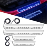 Fabtec Car Door Foot Step Led Sill Plate Compatible with Maruti Suzuki Brezza, Anti-Scratch Reflective Mirror Finish, Blue Light, Set of 4 Pcs (6 Months Warranty)