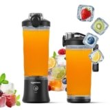 Amazon Basics Portable Hand Blender for Smoothies and Juices | USB Rechargeable | 6 Stainless Steel Blades | 600 ml Food Grade Jar | 1 Year Warranty | 2×2000 mAh Batteries (Black)