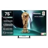 Hisense 189 cm (75 Inches) 4K QLED Mini-LED Smart TV | 900 NITS Peak Brightness | 144Hz Game Mode | Dolby Vision IQ, Dolby Atmos | 2.1 CH 40W Speakers (Built-in Subwoofer) | VIDAA OS | 75U7Q (Black)