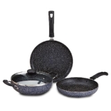 Amazon Solimo Aluminium 4 Piece Non-Stick Cookware Set | Granite Finish | Induction Base | PFOA Free | HTR Exterior Coating | 25 Cm Tawa, 22 Cm Kadai, 22 Cm Fry Pan, 1 Glass Lid | Grey