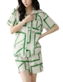 SMOWKLY Women Korean Printed Shorts Pajama Set Cotton Nightwear Shirt & Shorts Co-Ord Set Ladies Summer Sleepwear Soft Lounge Wear Button Down Beach Wear Set(1664_GRN_XL)