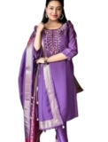 Women’s Chanderi Silk Kurti with Rayon Slub Pants & Dupatta | Printed Three-Quarter Sleeve Ethnic Set 6 Purple