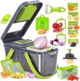 22 in 1 Vegetable Chopper with Container and Interchangeable Blades, Manual Vegetable Cutter with Slicer, Julienne, Grater Attachments and Hand Guard