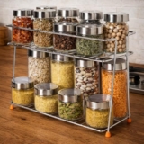 CHHAAP Stainless Steel 2 Layer Spice Rack | Modular Kitchen Storage Organizer | Multipurpose Shelf for Countertop, Tabletop | Tiered Silver Rack (Pack of 1) (NHSP)