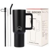 House of Quirk 1200ML Stainless Steel Tumbler with Handle & Lid, 2 Straws – Large Travel Mug Water Cup for Gym, Office & Outdoor Use (Black)