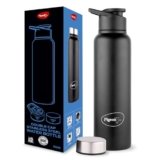 Pigeon Plastic, Stainless Steel Inox Hydra Duo, Dual Cap, Flipper And Fridge In One Bottle, Easy To Use, Multipurpose All In One Bottle 900Ml, Black