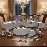 E – Ezra Stainless Steel Solid Heavy Mirror Finish Dinner Set of 24 Pcs (6 Plate, 6 Bowl/Wati, 6 Glass, 6 Spoon), Silver Dinning Set