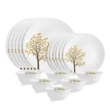CELLO Tree of Life Dazzle Series Opalware Dinner Set of 18 Pieces for Family of 6 | Bone-Ash Free & Leadfree Opal Glass, Microwave & Dishwasher Safe, Plates & Bowls Crockery Set for Dinning & Gifting