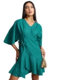 Tokyo Talkies Teal Flared Sleeves V-Neck Wrap Dress