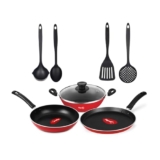 Pigeon Mio Non Induction Base Nonstick Aluminium Cookware Gift Set, Includes Nonstick Flat Tawa, Nonstick Fry Pan, Kitchen Tool Set, Nonstick Kadai with Glass Lid, 8 Pieces Kitchen Set (Red)