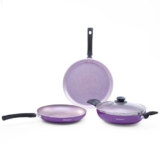 Wonderchef Valencia Non-Stick 4 Pc Cookware Set for Kitchen, Fry Pan 24cm, Kadhai with Glass Lid 24cm, Dosa Tawa 28cm, Non-Toxic PFOA Free, Gas Stove & Induction Friendly, 2-Yr Warranty, Purple