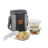 CELLO Glassy Mix Lunch Box with Jacket for Office, Transparent | 2 x 320ml, 1 x 240ml Glass Containers, Microwave Safe Leadfree Toughened Glass, Airtight Leakproof Tiffin Box for Daily Use & Travel