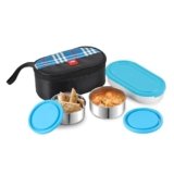 CELLO MF Trent Plus Lunch Box with Bag for Office, Blue | 300ml x 2 Steel Containers, 500ml Oval Plastic Containers, Leak Proof Airtight Snap Lock Lid Tiffin Box Set for School Kids, College & Travel