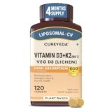 Cureveda Liposomal Vitamin D3 600 IU + Vitamin K2-7 & Turmeric | High Absorption Bone & Heart Support | Promotes Muscle Health & Immunity | 120 Tablets (120 Day Pack)