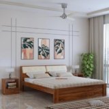 Dreamydesks Sheesham Wood Queen Size Bed Without Storage – Wooden Bed Cot with Upholstered Headboard Storage – Wooden Double Bed for Bedroom Living Room Furniture (Honey, Queen Without Storage)
