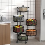 Kitchenstory Storage Rack | 360° Revolving Vegetable Kitchen Rack | Round Multipurpose Storage Trolley with Wheels | Metal Fruit Storage Rack | Kitchen Cabinet Spice Rack (Black, 5 Layer)