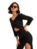 barcino Black Rib Side Slit Wrap Neck Cut-Out Midi Dress