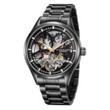 Giordano Premier Automatic Watch for Men with Skeleton Round Black Dial, Luminous Hands and Markers, Black Stainless Steel Strap – GZ-50225-11