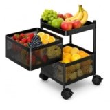 Homeor 2 Layer Kitchen Trolley with Wheels | 360° Rotating Metal Storage Rack for Vegetables, Fruits, Onion & Spices | Square Multipurpose Kitchen Organizer Stand | Metal Kitchen Trolley, Matte Black