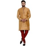 Veera Paridhaan Men’s Ethnic Jacquard Full Sleeve Printed Long Kurta Set(Golden Kurta, Maroon Pajama, Size-46)