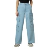 Women Blue High Waist Straight Fit Cargo Jeans