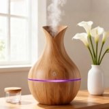 Aroma Diffuser with Wooden Finish, Ultrasonic Essential Oil Diffuser & Humidifier, LED Night Light, Quiet Air Freshener for Home Bedroom Office Spa (Light)