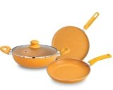 BERGNER Aluminium Jazz Non Stick Cookware Set 4Pc-Kadhai with Glass Lid 24Cm, Dosa Tawa 28Cm, Frypan 24Cm with Induction Compatible, Soft Touch Handles, Pfoa Free, Yellow