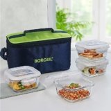 Borosil Alfa Green Borosilicate Glass Lunch Boxes Set of 4 (320 ml Each) with Lunch Bag, Lunchboxes for Office & College, Microwave Safe, Leak Proof