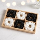 Cerrito Satin Hair Scrunchies for Women & Girls – Soft, No-Crease, Gentle Hair Ties for Thick, Curly, Straight, or Fine Hair – Smooth Silk-Feel Elastic Scrunchy Set for Styling, Sleep Regular Wear (Black & White-6 Pcs)