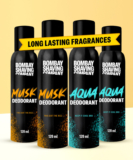 BOMBAY SHAVING COMPANY Fresh Aqua & Intense Musk 120mlx4 Combo Deodorant Luxury Long Lasting Fragrance Deodorant Spray  –  For Men & Women(480 ml, Pack of 4)