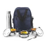 SignoraWare All Steel Fusion Jumbo Stainless Steel Lunch Box | Airtight & Leakproof | Ideal for Office, School, Travel & Outdoor Use (500mlx2 + 350ml + 1 LTR | Set of 4 | Black)