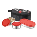 CELLO MF Trent Plus Stainless Steel Lunch Box with Jacket | Red | Leak Proof Containers | Airtight Lid | 300ml x 2 + 500ml x 1 | Ideal for Dry & Semi Liquid Food | BPA Free containers
