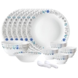 Larah by Borosil Silk Series Blue Iris Opalware Dinner Set | 27 Pieces for Family of 6 | Microwave & Dishwasher Safe | Bone-Ash Free | Crockery Set for Dining & Gifting | Plates & Bowls | White
