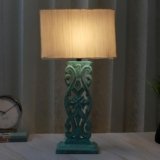 tu casa Wooden Rustic Aqua French Cut Bedside Table Lamp with Off White Cotton Shade for Home Decoration Bedroom Living Room Lounge Office Festival Gifting Study Table H – 21″ / No Blub